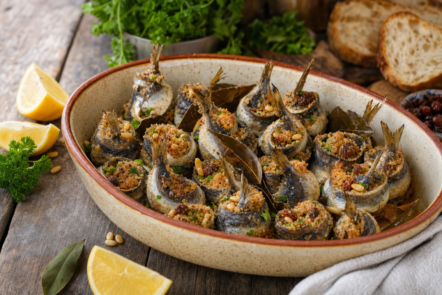 Ovenschaal met goudbruine opgerolde sardines met zichtbaar broodkruim, rechtopstaande staartjes, laurierblaadjes, partjes citroen en peterselie.