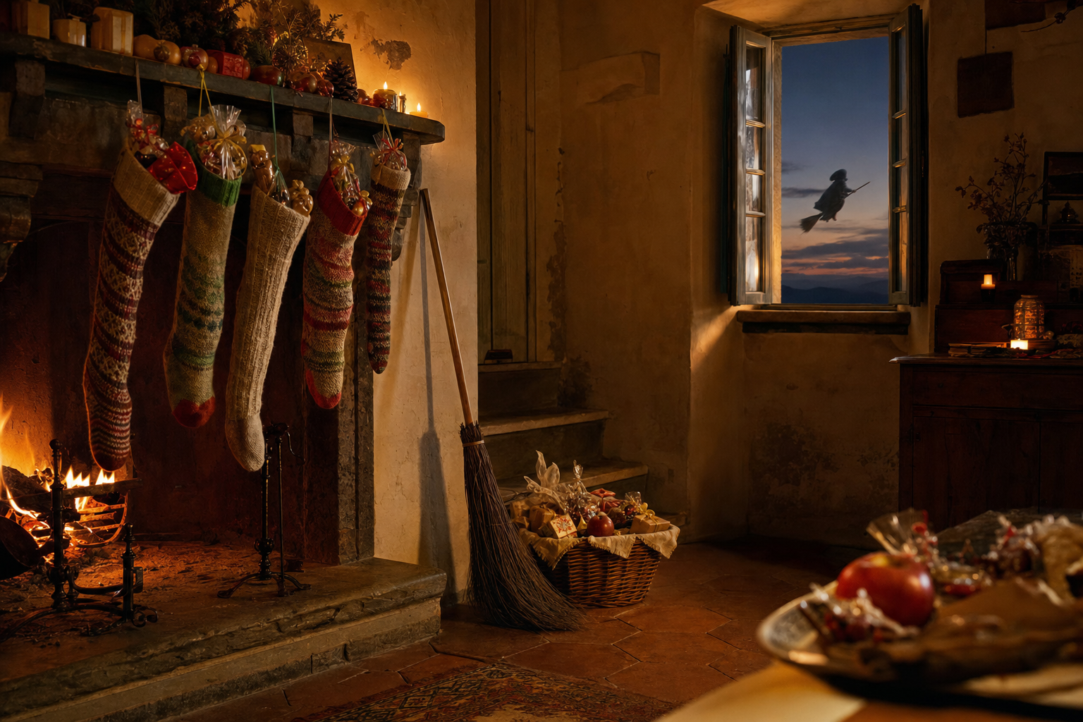 Warme Italiaanse woonkamer bij zonsopkomst met gevulde kousen aan een haard, een bezem tegen de muur en een open raam waar buiten een donkere winterlucht zichtbaar is.