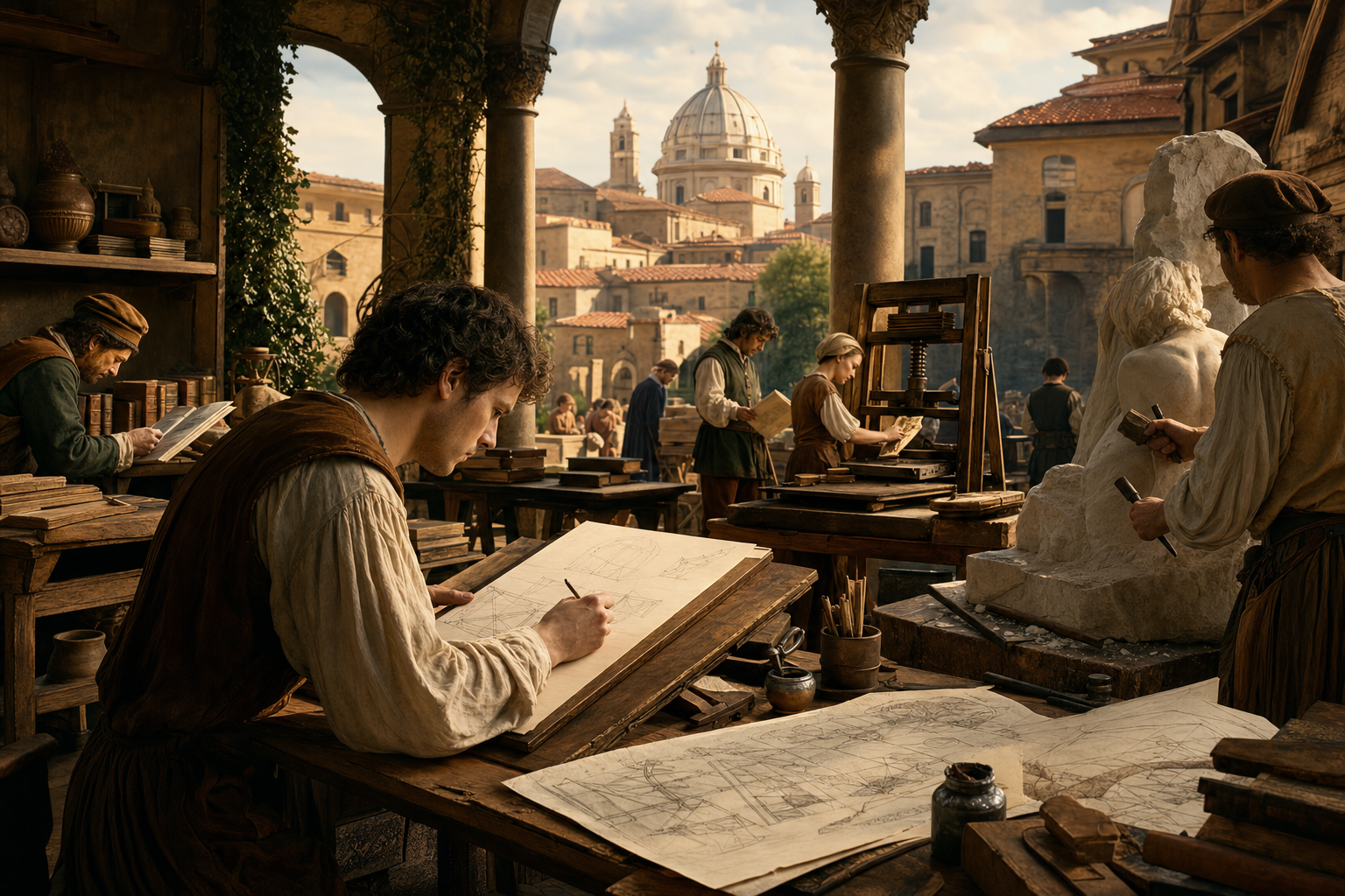 Een zonovergoten historische binnenplaats met een tekenaar bij perspectiefschetsen, een beeldhouwer aan een marmeren figuur en ambachtslieden die boeken verwerken aan een houten tafel.