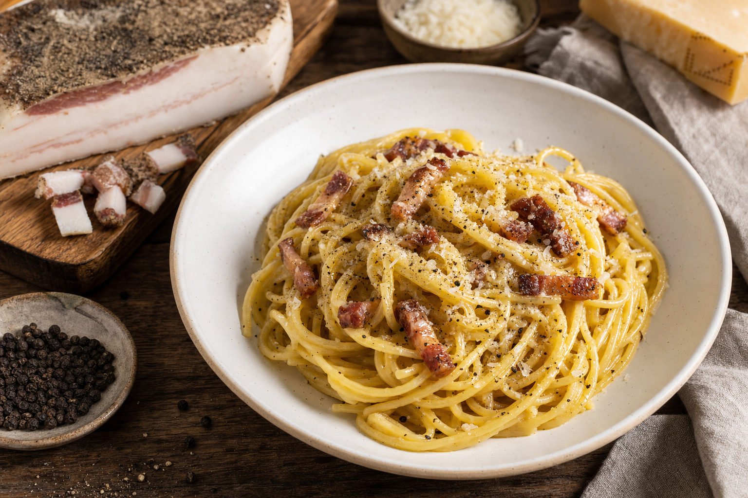 Een wit diep bord met glanzende spaghetti in goudgele saus, afgemaakt met krokante reepjes guanciale, geraspte Pecorino Romano en zwarte peper.