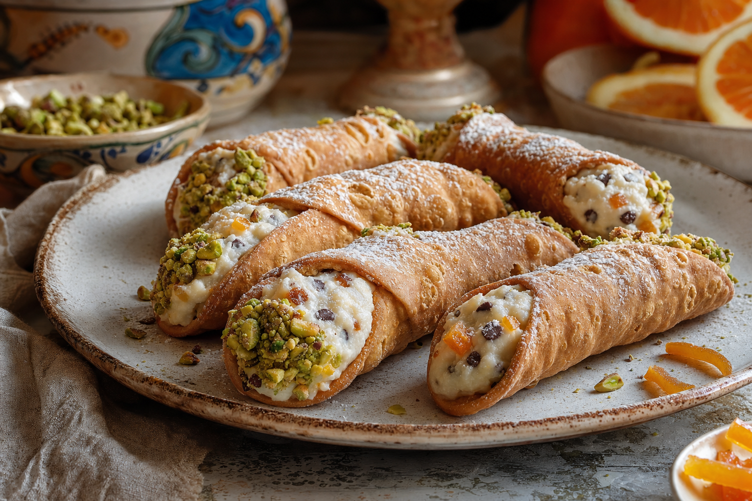 Zes goudbruine Siciliaanse cannoli op een keramieken schaal, gevuld met witte ricottacrème, chocoladedruppels, gekonfijte sinaasappel en pistachenoten aan de uiteinden.