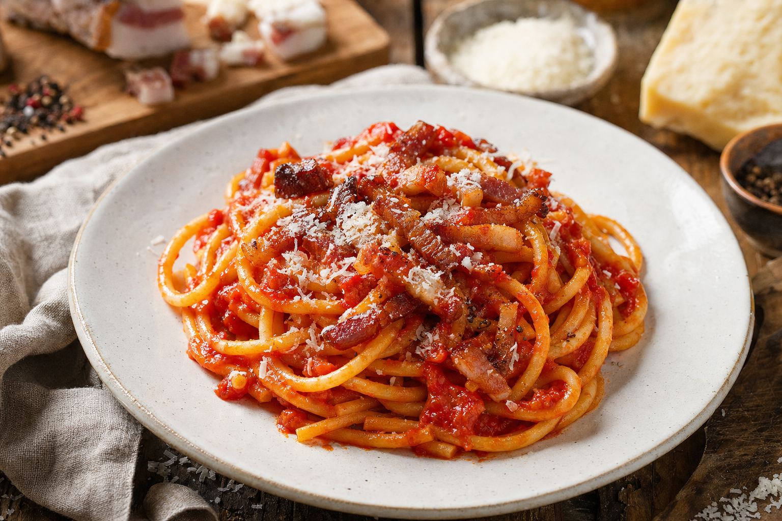 Een bord met bucatini in rode tomatensaus, afgewerkt met krokante reepjes guanciale en fijn geraspte pecorino.