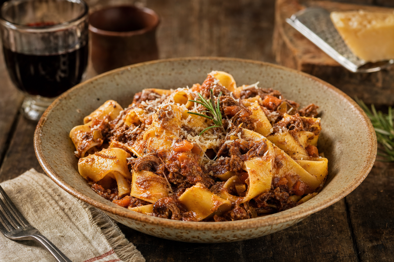 Een diep keramieken bord met brede pappardelle in donkerrode wildzwijnragù, afgewerkt met rozemarijn en geraspte kaas op een houten tafel.
