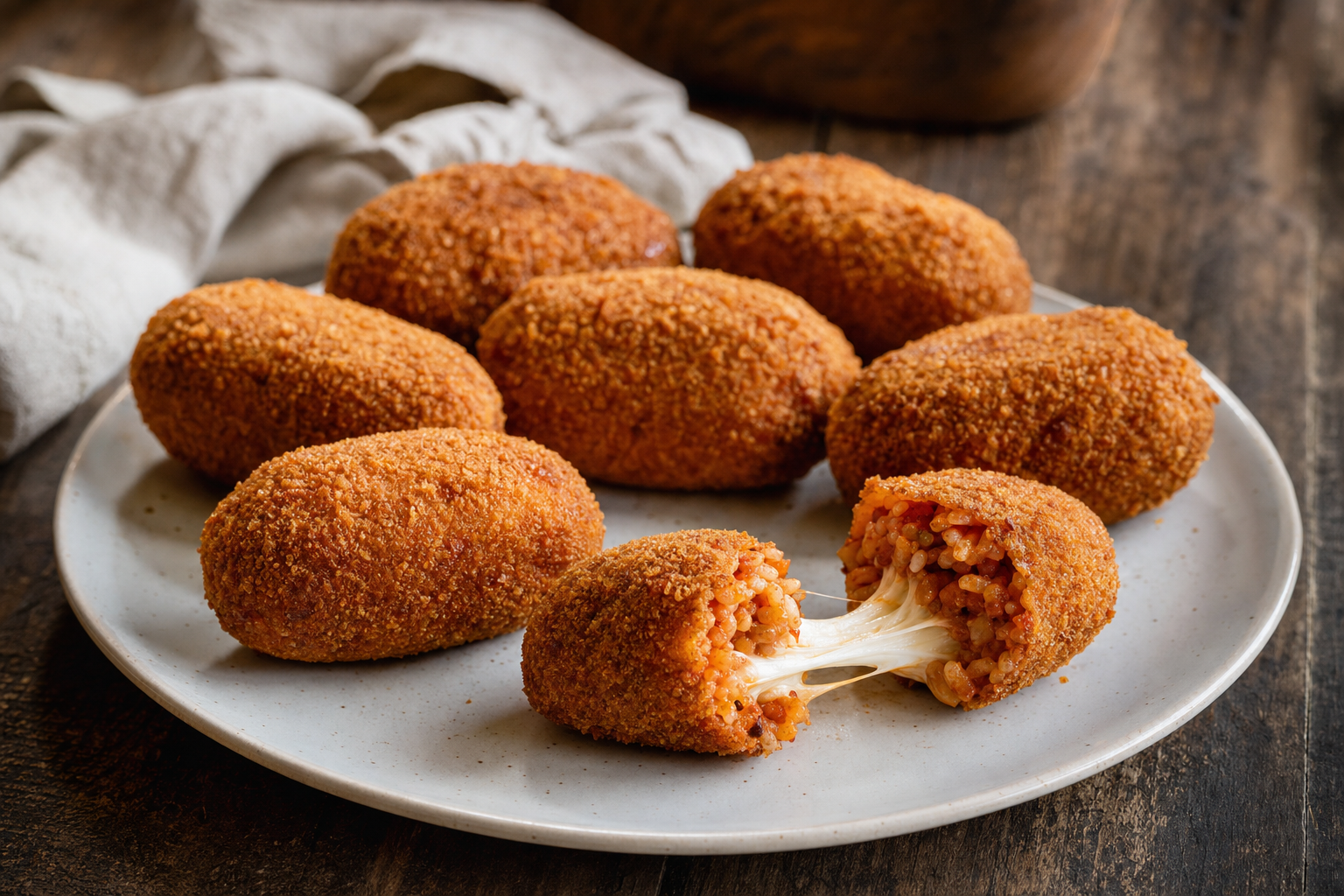 Acht goudbruine, langwerpige Romeinse rijstkroketten op een wit bord, waarvan één opengebroken is met gesmolten mozzarella die tussen beide helften een lange draad vormt.
