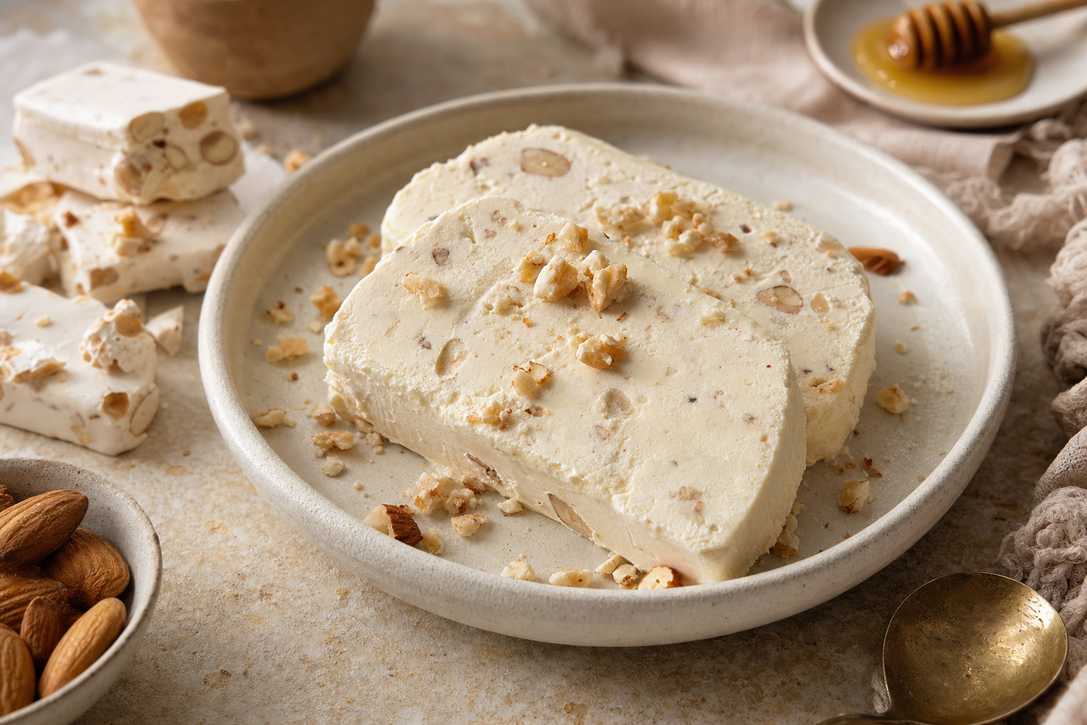 Twee plakken romig semifreddo met zichtbare stukjes witte nougat en amandelen, bestrooid met kruimels torrone op een licht bord.