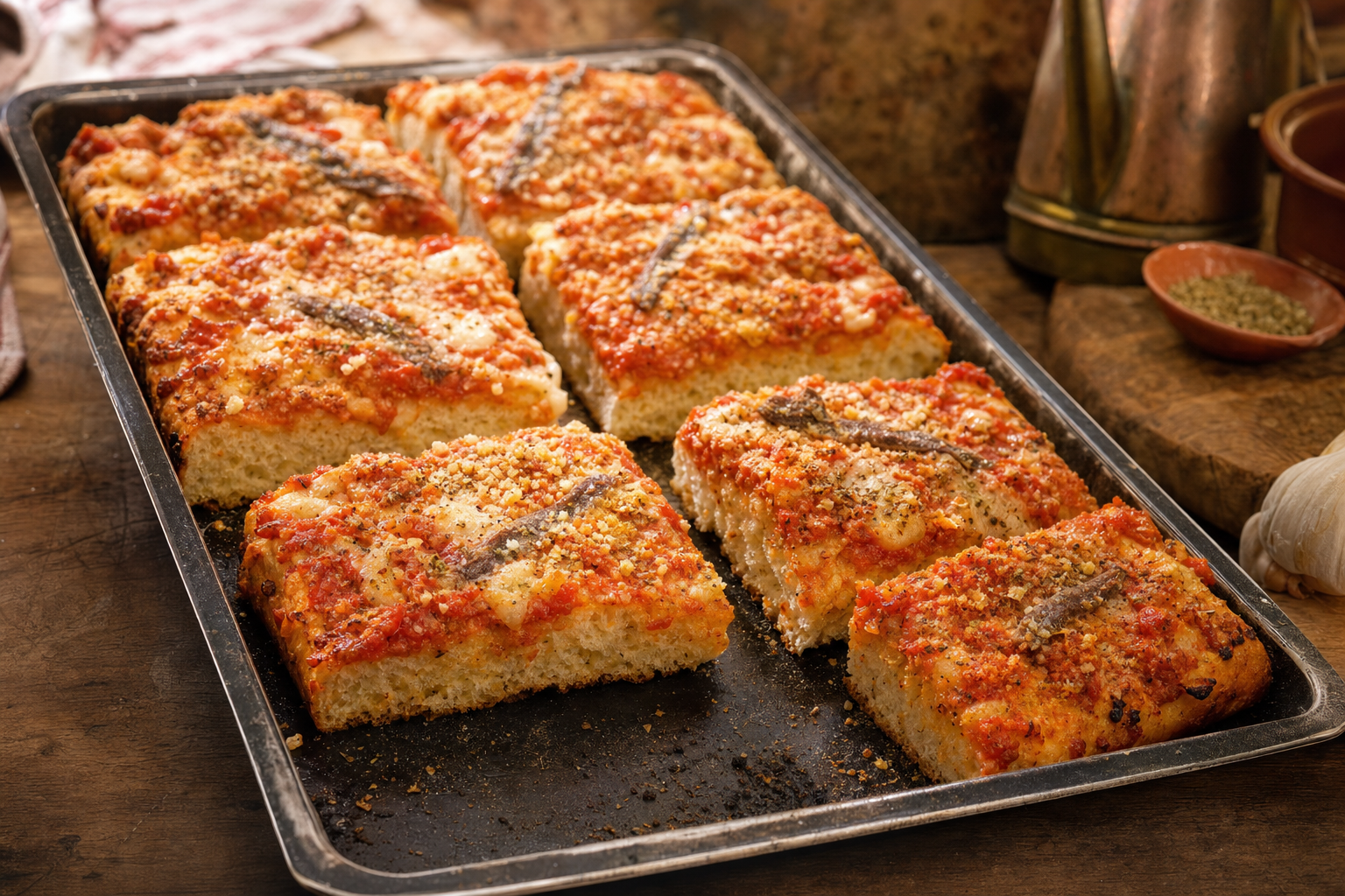 Rechthoekige stukken sfincione op een donkere bakplaat, met een dikke goudbruine bodem, tomaten-uiensaus, gesmolten kaas, ansjovis, oregano en krokant broodkruim.