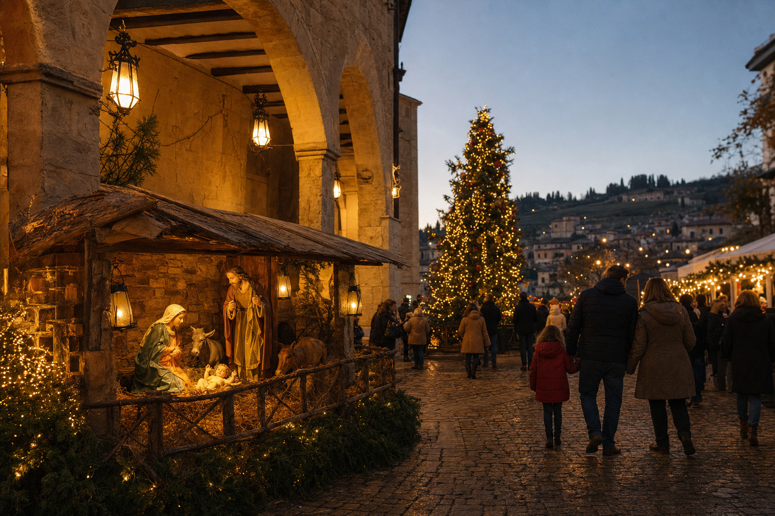 Een verlichte Italiaanse dorpsplein in de avond met een grote kerststal onder stenen bogen, een versierde kerstboom en wandelaars in winterjassen.