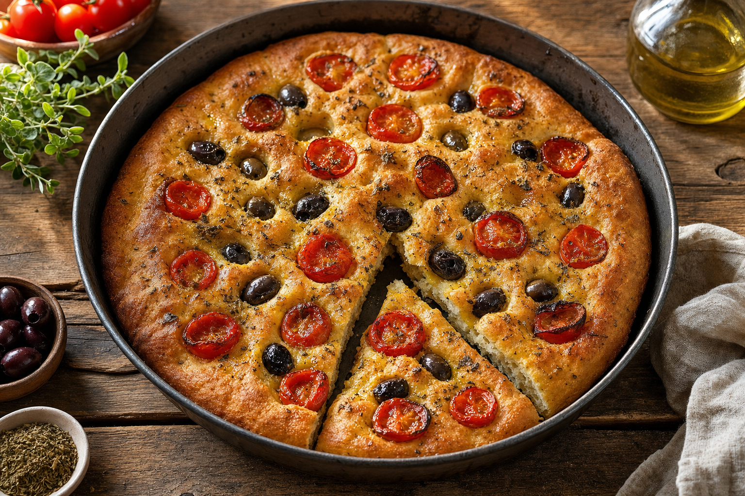 Ronde goudbruine focaccia in een metalen bakvorm, belegd met gehalveerde cherrytomaten, zwarte olijven en oregano.