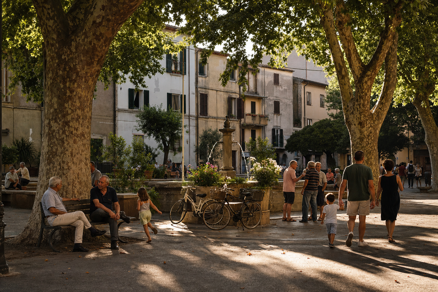 Mensen wandelen en praten op een beschaduwd Italiaans buurtplein met bomen, fietsen, bankjes en woonhuizen op de achtergrond.