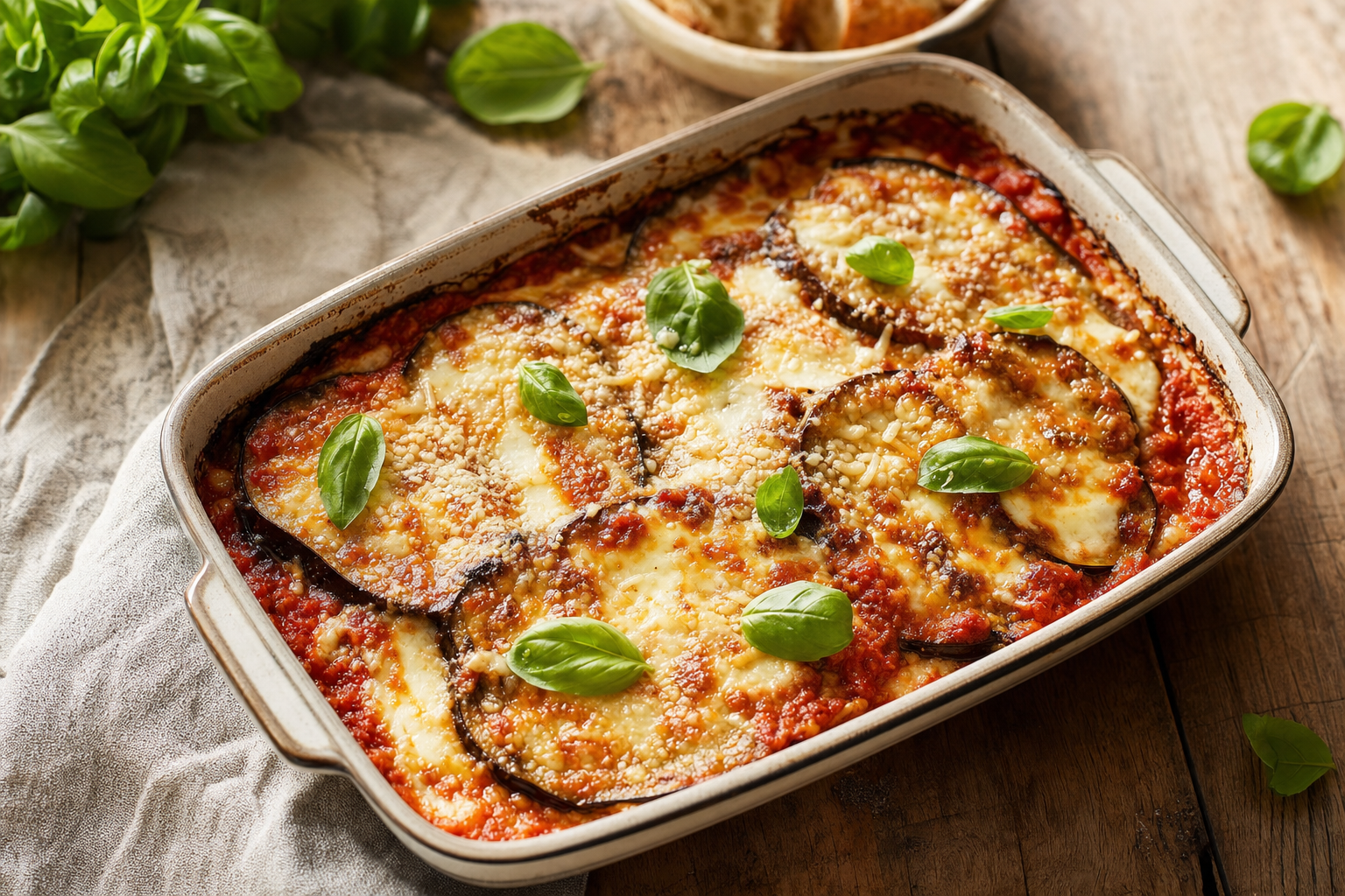 Rechthoekige ovenschaal met goudbruin gebakken parmigiana di melanzane, met zichtbare lagen aubergine, tomatensaus, gesmolten kaas en verse basilicum.