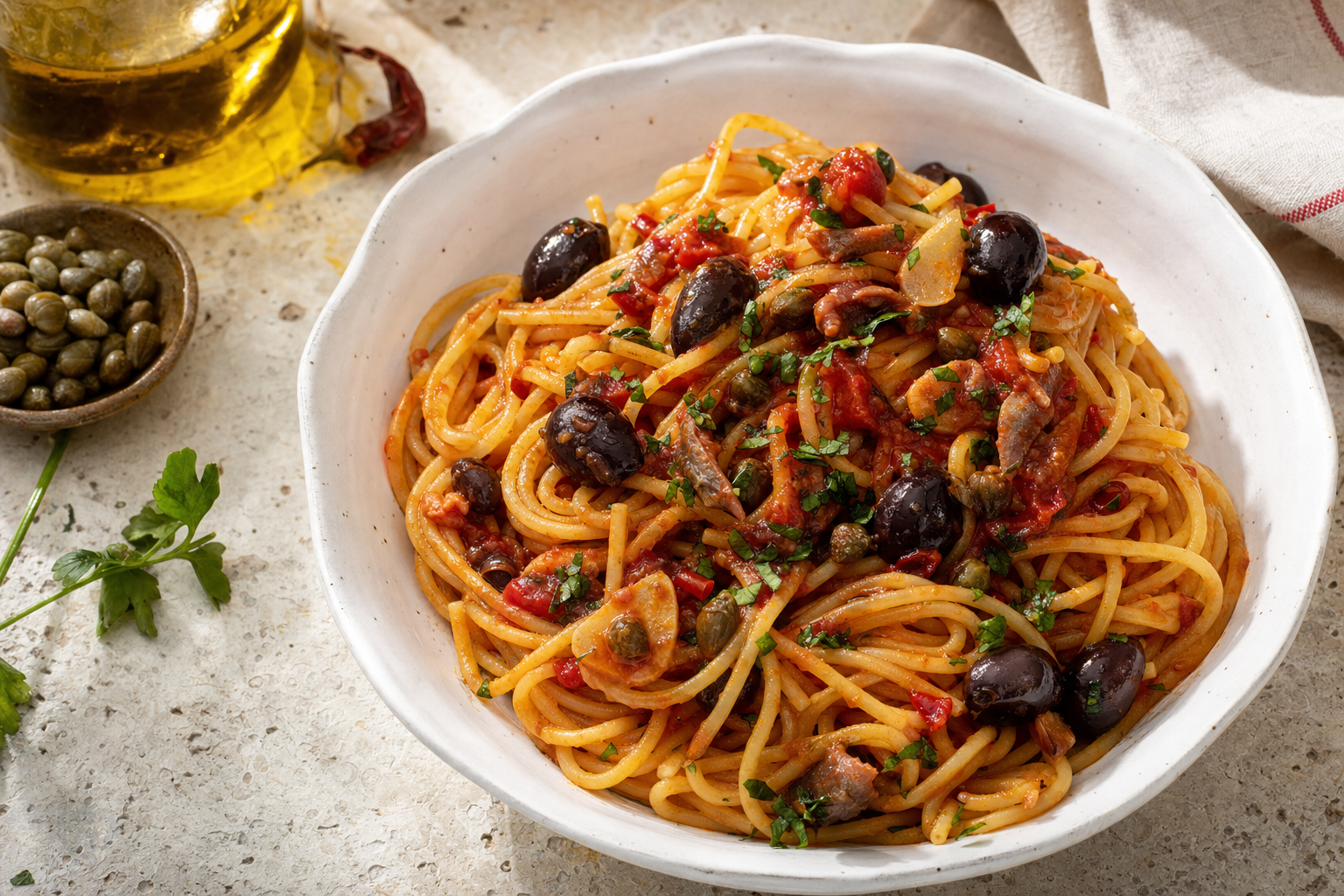 Diep wit bord met spaghetti in rode tomatensaus, zwarte olijven, kappertjes en fijngesneden peterselie op een lichte stenen tafel.