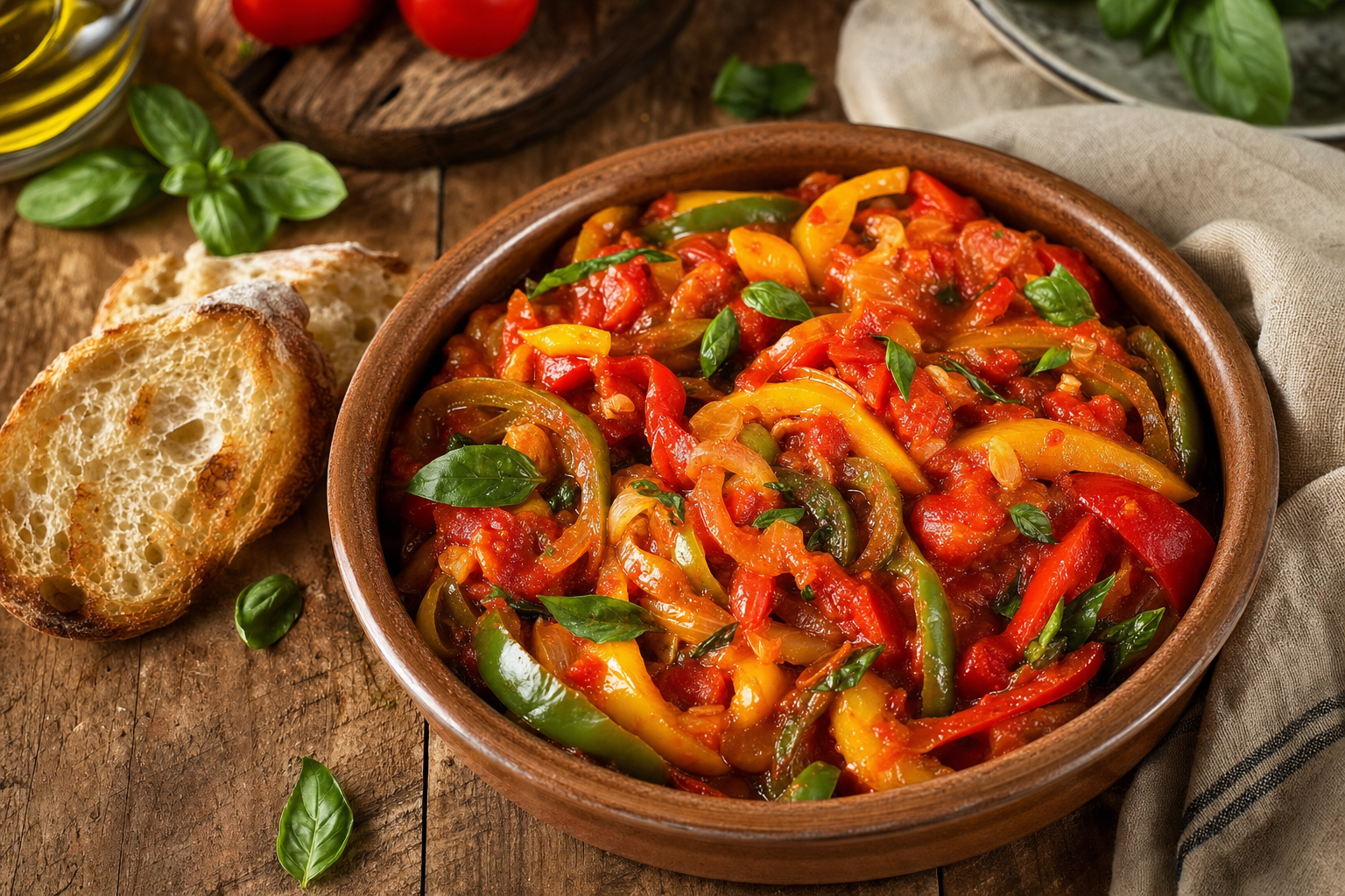 Een aardewerken schaal met gestoofde rode, gele en groene paprikarepen in tomatensaus, afgewerkt met basilicum en geserveerd naast geroosterd brood.