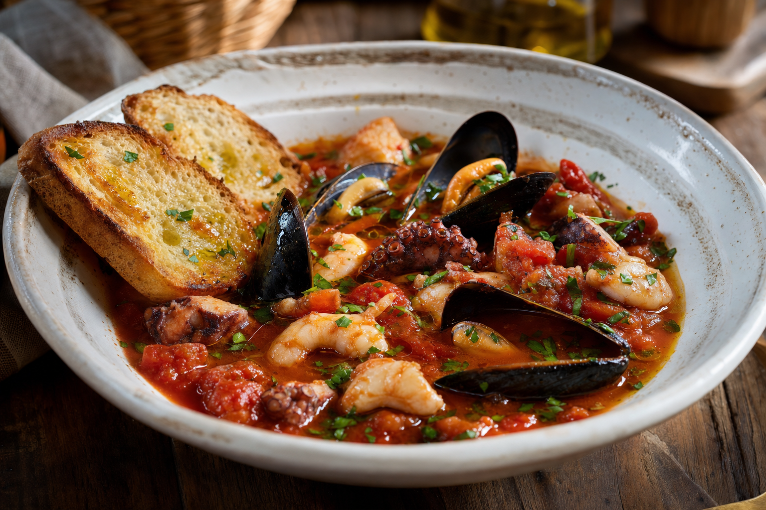 Diep wit bord met open mosselen, stukjes octopus, garnalen en zeekat in rode tomatenbouillon, afgewerkt met peterselie en geserveerd met geroosterd brood.