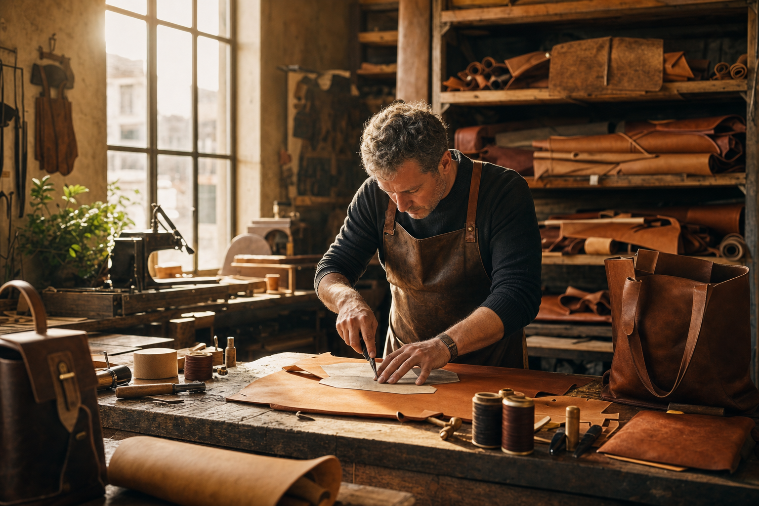 Een ambachtsman snijdt lichtbruin leer op een houten werkbank in een warme Italiaanse leerwerkplaats, met gereedschap, patronen en opgerolde huiden op de achtergrond.