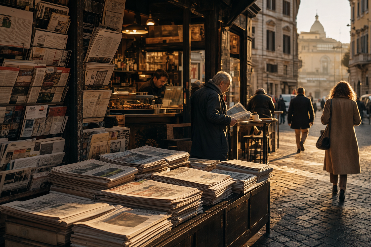 Een krantenkiosk in Italië in het ochtendlicht, met stapels dagbladen op de voorgrond en voorbijgangers bij een café op de achtergrond.