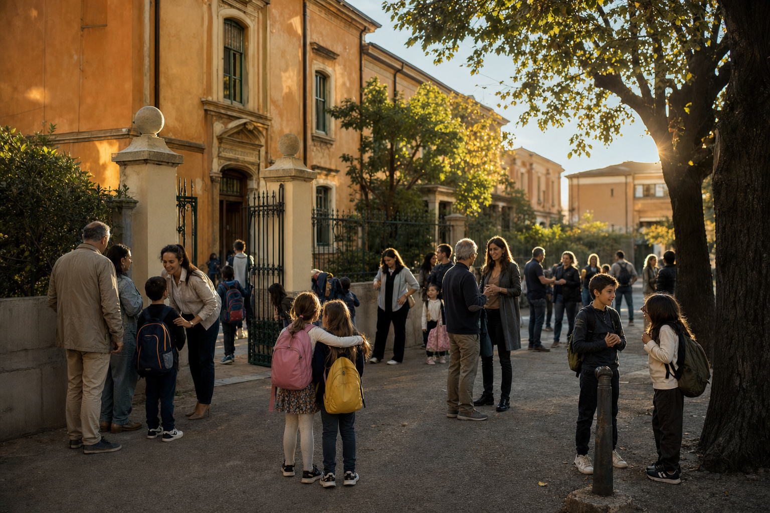 Ouders, grootouders en kinderen met rugzakken staan aan het einde van de middag bij de ingang van een Italiaanse school, terwijl een docent een gezin begroet.