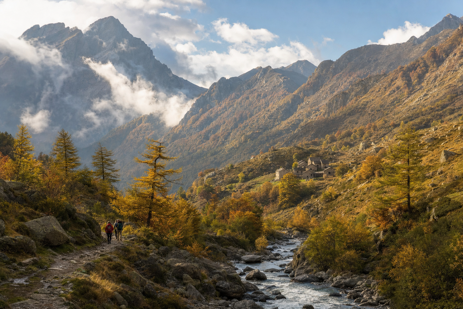 Een brede Italiaanse bergvallei met groene en goudkleurige bossen, een kronkelende beek, rotsachtige bergkammen en kleine stenen huizen in de verte.