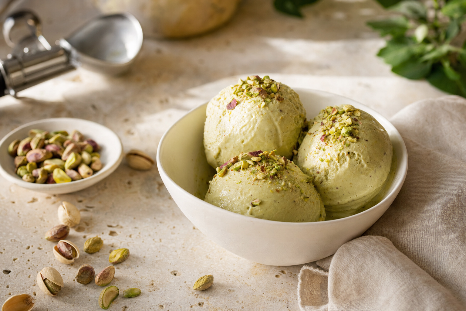 Drie bolletjes lichtgroene pistachegelato in een wit kommetje, bestrooid met gehakte pistachenoten op een lichte stenen tafel.