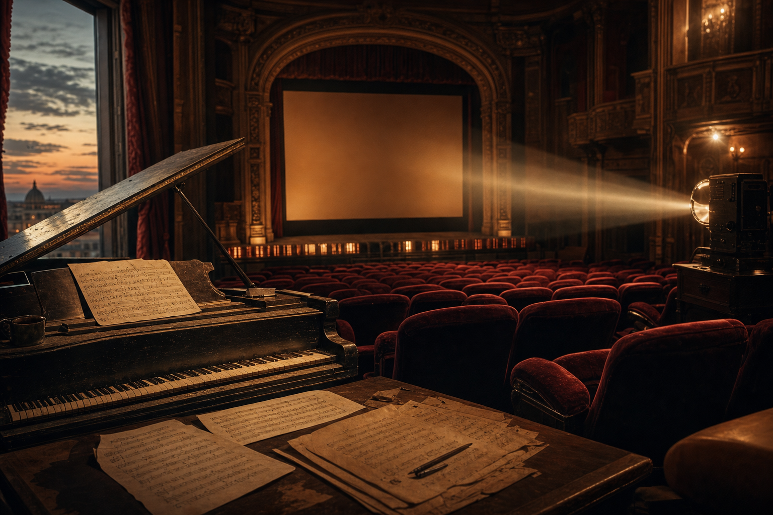 Een lege klassieke bioscoopzaal met rode fluwelen stoelen, een vleugel en losse bladmuziek op de voorgrond, terwijl een warme lichtbundel van een filmprojector naar het witte doek schijnt.