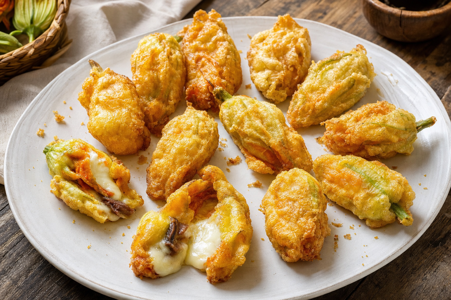 Goudbruin gefrituurde courgettebloemen op een wit bord, met krokante pastella en hier en daar zichtbare gesmolten mozzarella.