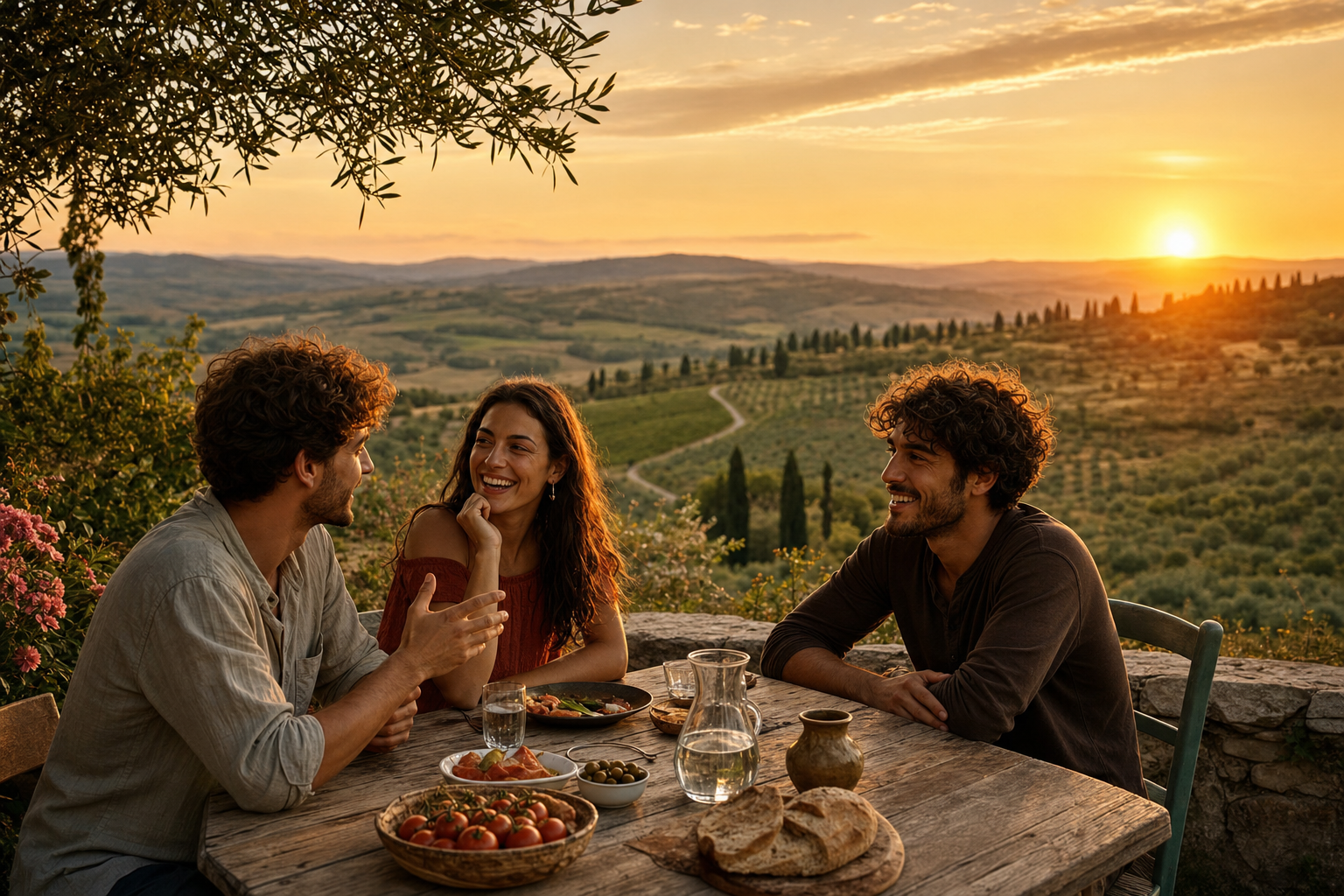 Drie mensen praten aan een houten tafel tussen olijfbomen en cipressen, met glooiende Italiaanse heuvels in het avondlicht op de achtergrond.