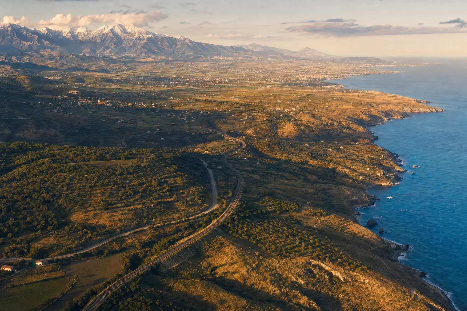 Luchtbeeld van een Italiaans landschap met besneeuwde bergen, groene vlakten, glooiende heuvels, olijfbomen, een spoorlijn en de blauwe Middellandse Zee in de verte.