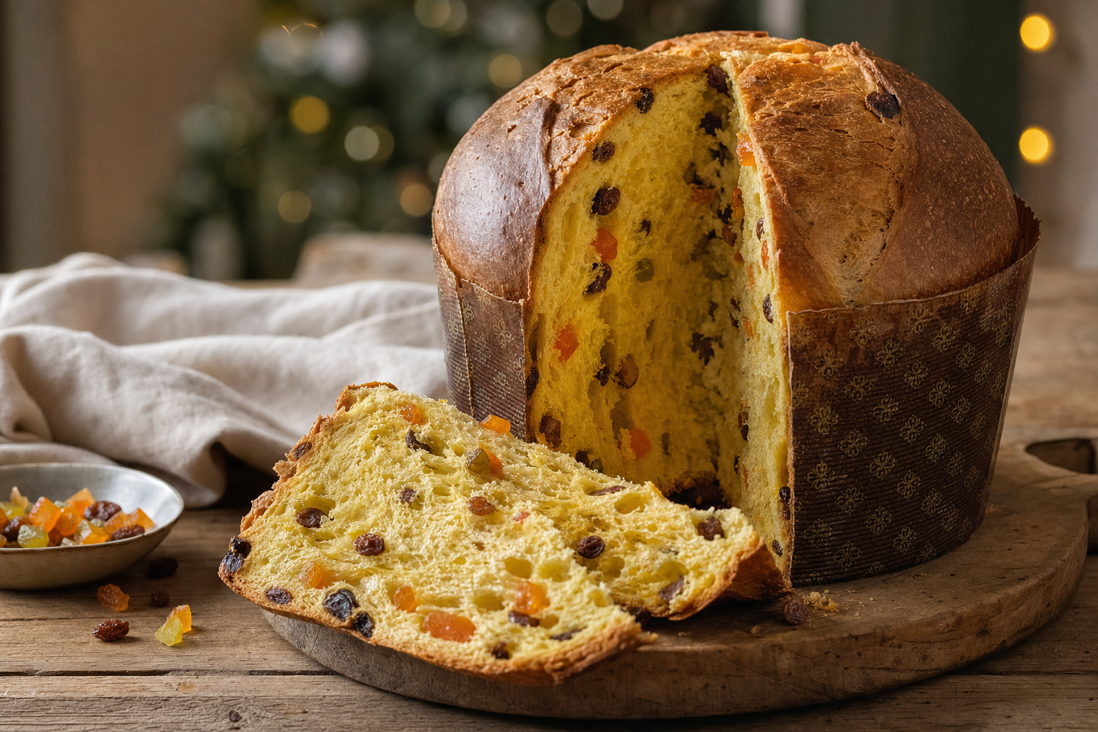 Aangesneden goudbruine Milanese panettone op een houten tafel, met luchtige gele kruim, rozijnen, gekonfijte sinaasappel en plakken ernaast.