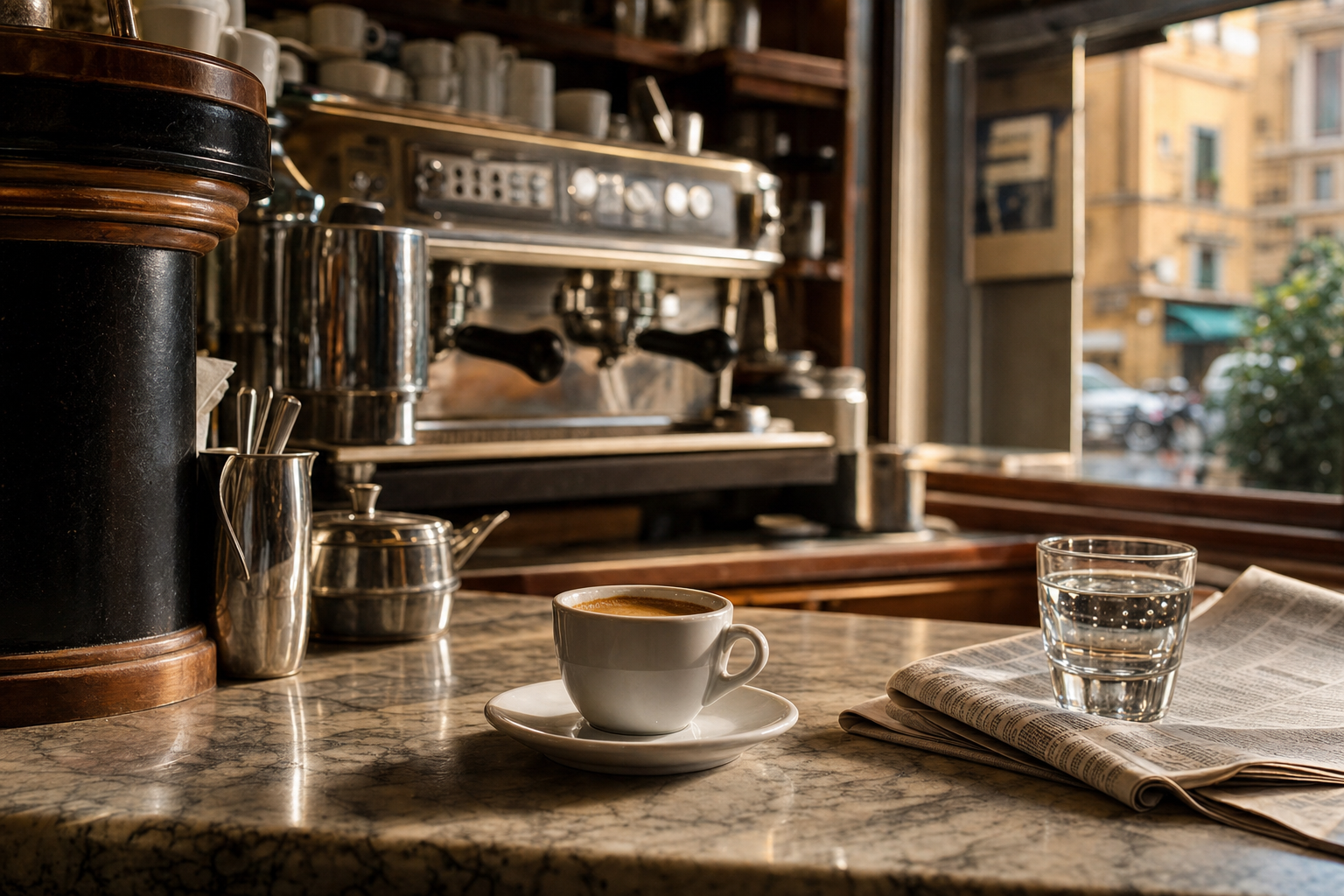 Een klein wit kopje espresso met goudbruine cremalaag op een marmeren bar, met een glanzende koffiemachine op de achtergrond.