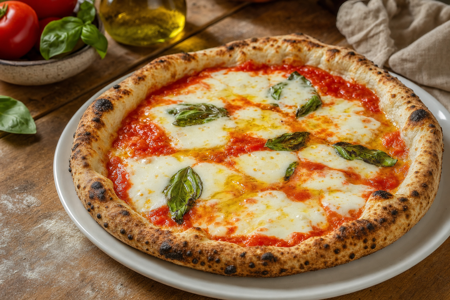 Een Pizza Margherita met een hoge goudbruine rand, rode tomatensaus, gesmolten witte mozzarella, basilicumblaadjes en olijfolie op een wit bord.