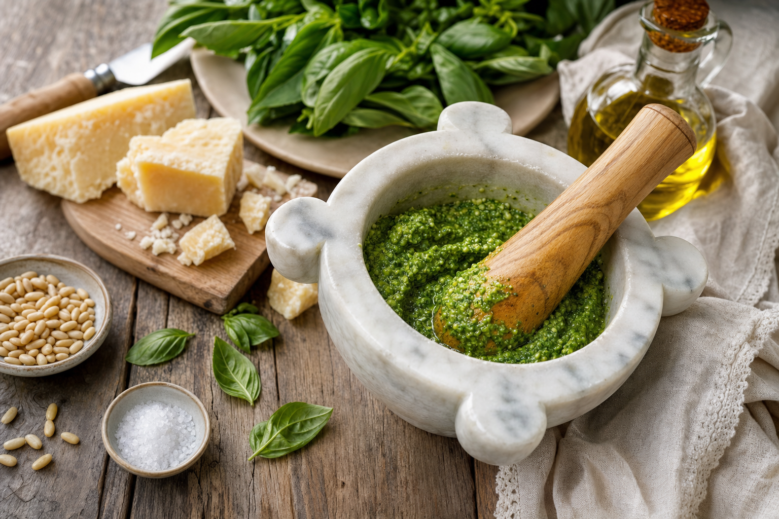 Een marmeren vijzel met heldergroene basilicumpesto, omringd door basilicumblaadjes, pijnboompitten, stukken Italiaanse kaas, een houten stamper en olijfolie.