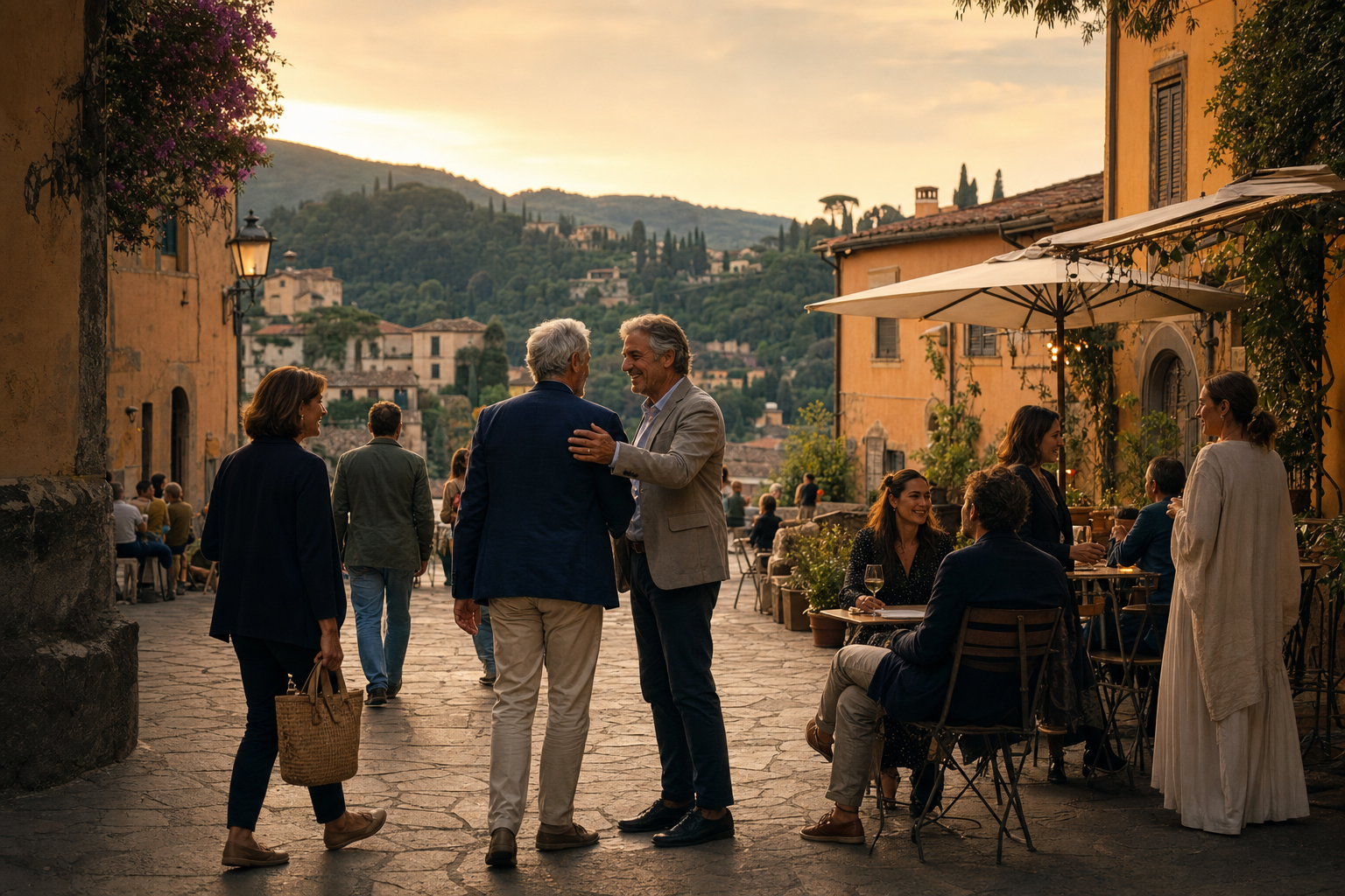 Een dorpsplein in Italië bij zacht avondlicht, waar enkele mensen elkaar begroeten naast terrassen en okerkleurige huizen.