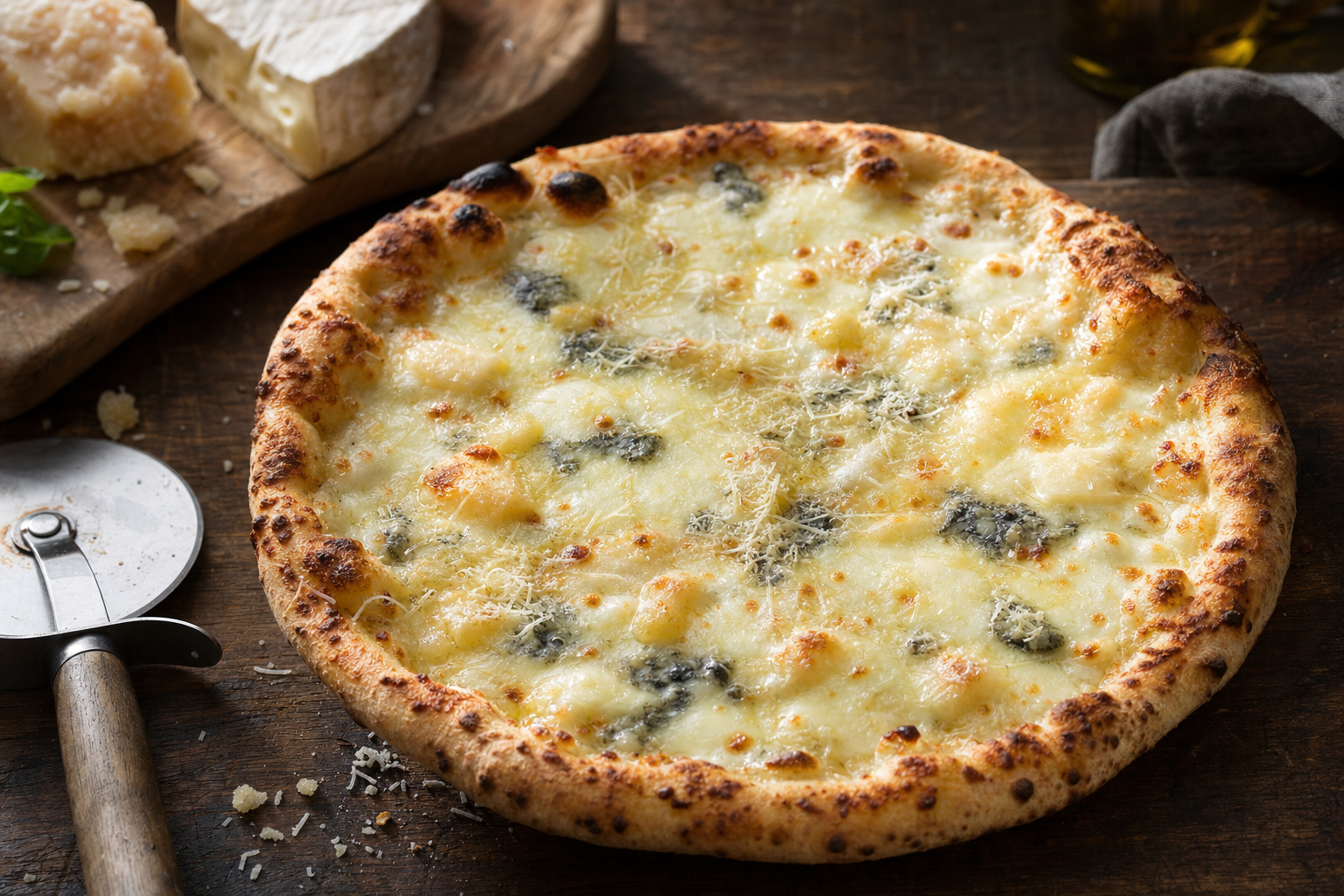 Een ronde witte pizza met een goudbruine luchtige rand, gesmolten mozzarella, stukjes gorgonzola en fontina en geraspte Parmezaanse kaas op een donkere houten tafel.