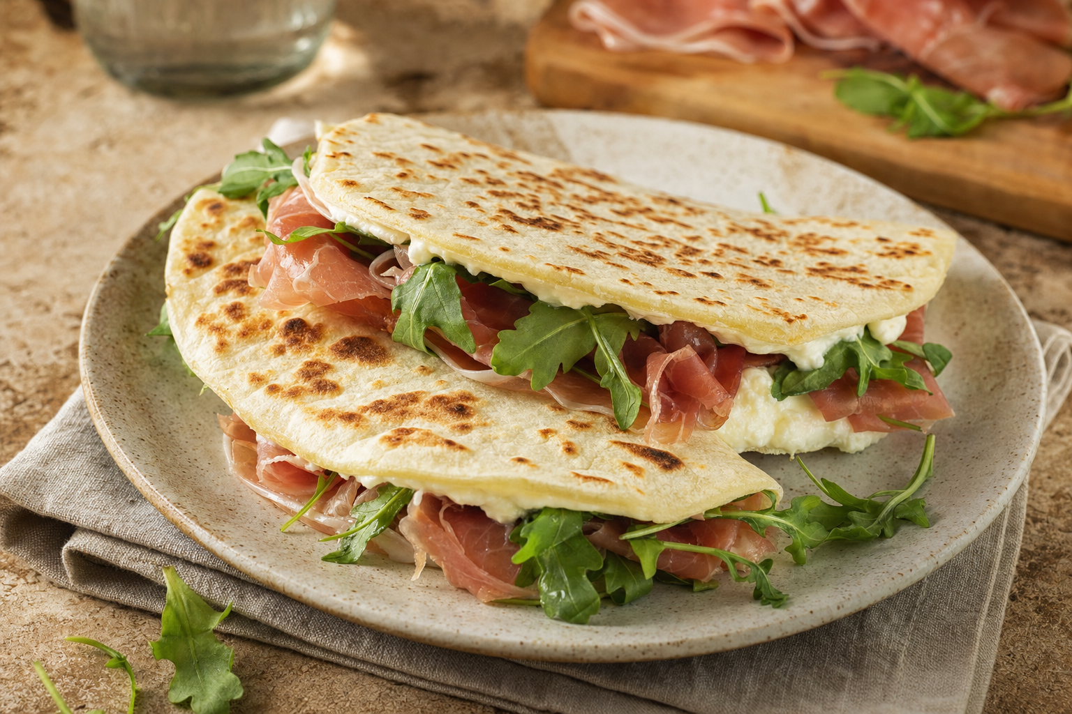 Twee gevouwen piadine met goudbruine bakvlekken, gevuld met zachte witte kaas, plakjes rauwe ham en rucola op een lichtstenen schaal.