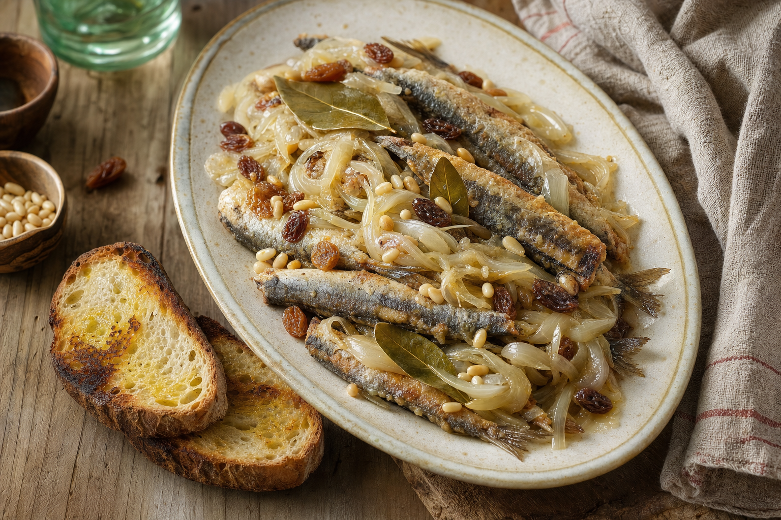 Een keramische schaal met goudbruin gebakken sardines, bedekt met zachte uienringen, rozijnen, pijnboompitten en laurierblaadjes, met geroosterd brood ernaast.