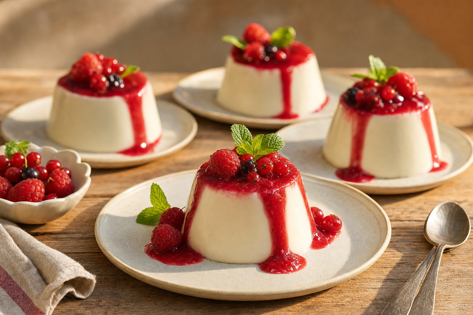 Vier ivoorwitte panna cotta's op kleine keramieken bordjes, overgoten met glanzende saus van rood fruit en afgewerkt met frambozen, rode bessen en munt.
