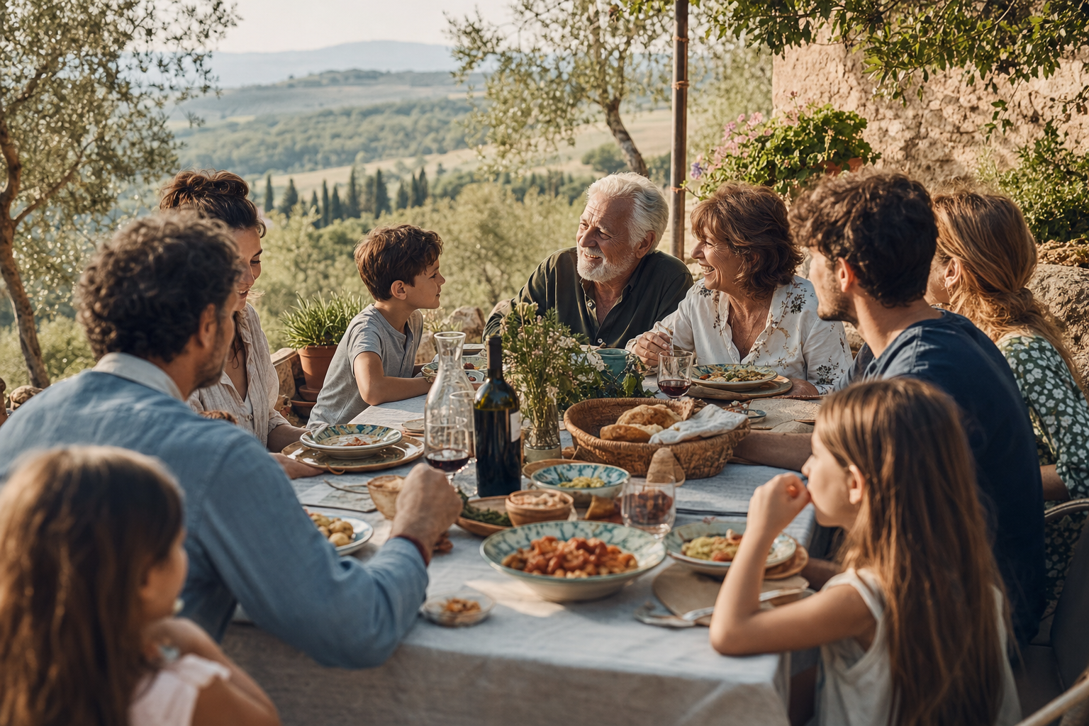 Een lange tafel met een wit kleed staat op een zonnige binnenplaats, waar volwassenen en kinderen samen eten tussen schalen, brood en keramieken borden; op de achtergrond staan olijfbomen en lage groene heuvels.