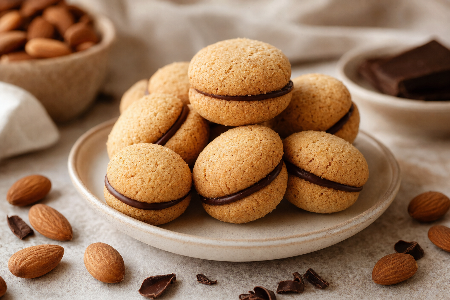 Een klein stapeltje ronde, licht goudbruine amandelkoekjes met een dun donker laagje pure chocolade tussen de twee helften, geserveerd op een licht stenen bord met losse amandelen ernaast.