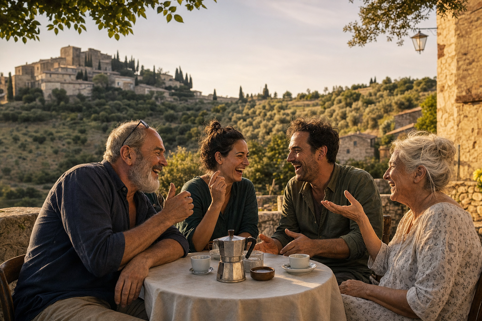 Vier vrienden lachen en gebaren aan een tafeltje op een terras, met olijfbomen en een heuvelachtig Italiaans landschap op de achtergrond.