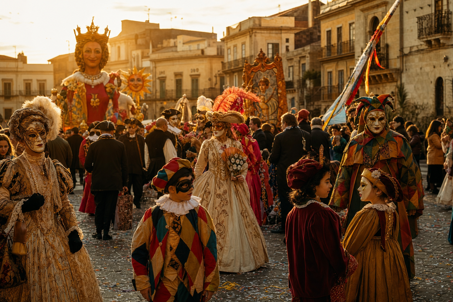 Een Italiaans dorpsplein bij zacht avondlicht, met verklede mensen in kleurrijke maskers, confetti op de straat en grote figuren van papier-maché tussen historische gevels.