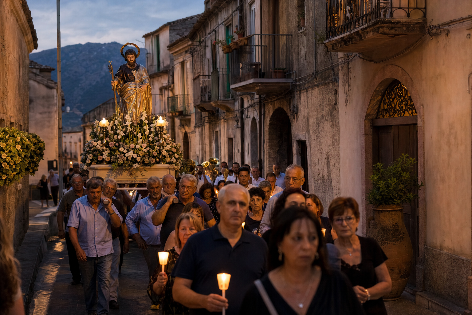 Een religieuze processie trekt in de schemering door een Italiaanse straat, met deelnemers die kaarsen dragen en een met bloemen versierd heiligenbeeld volgen.