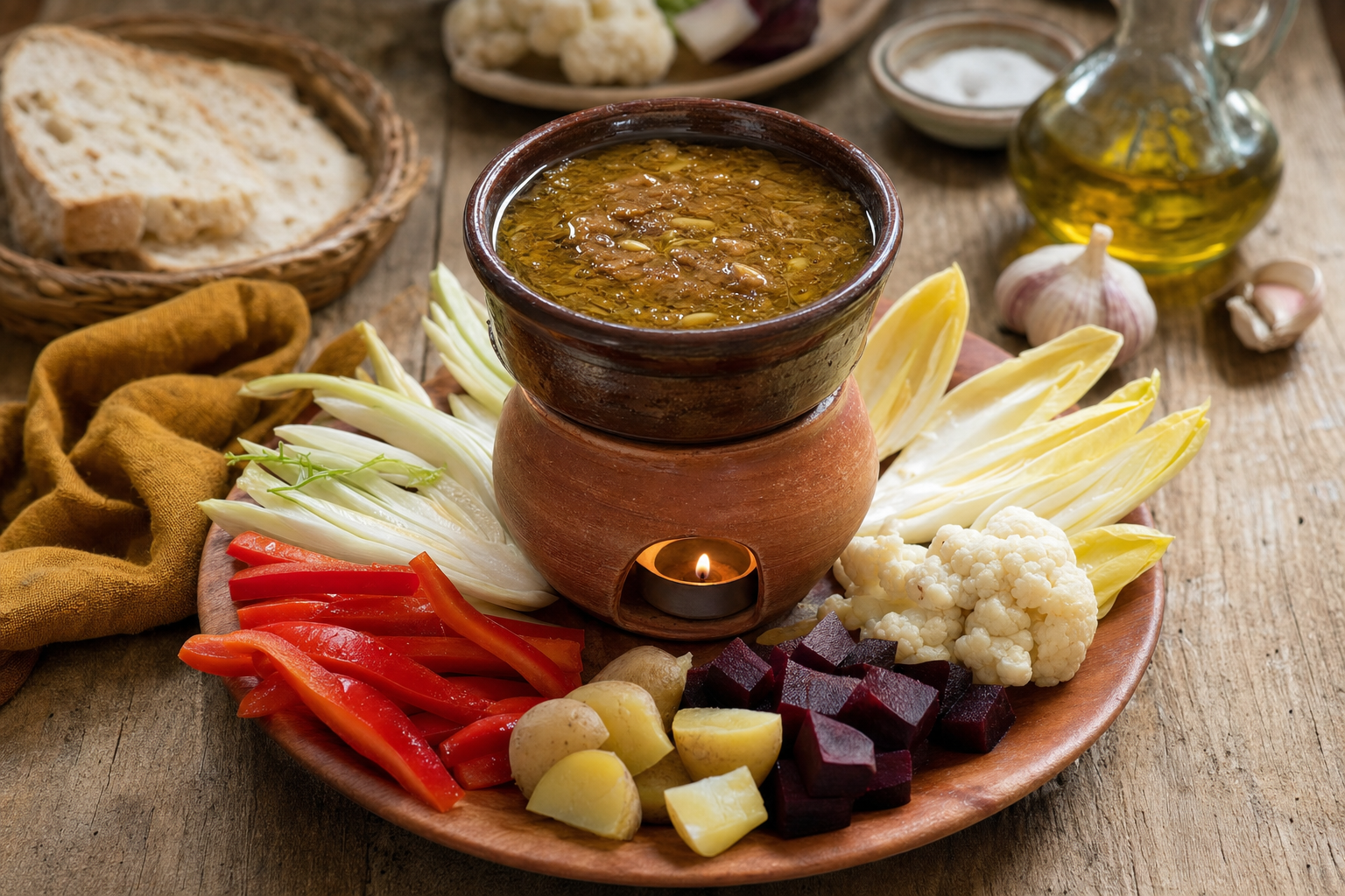 Een aardewerken kommetje met warme bagna càuda op een brandertje, omringd door paprika, venkel, bloemkool, witlof, aardappelen en rode biet.