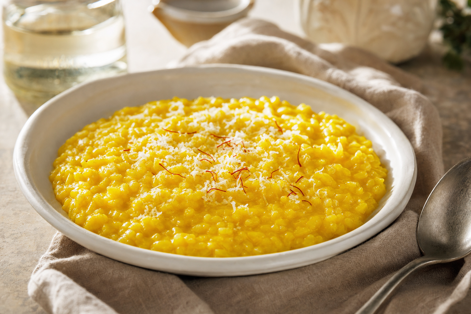 Goudgele, romige Milanese risotto met geraspte Grana Padano en saffraandraadjes in een wit diep bord.