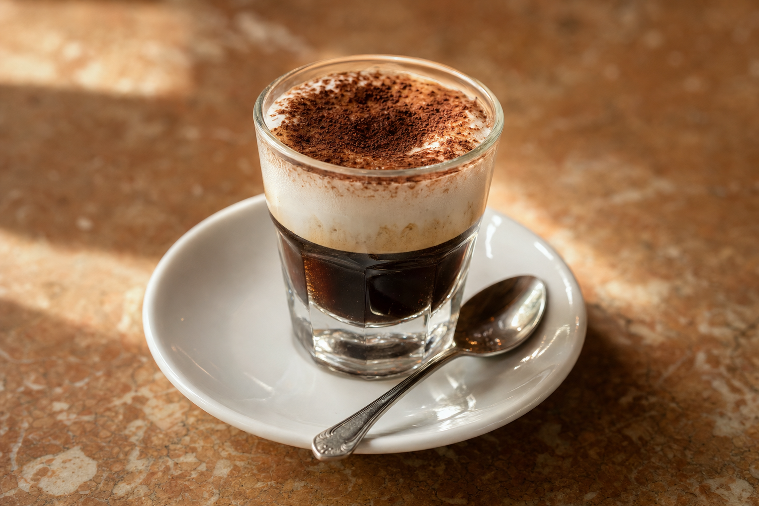 Een klein transparant glas met donkere espresso, een laag romig melkschuim en cacaopoeder bovenop, geserveerd op een wit schoteltje met een lepeltje.