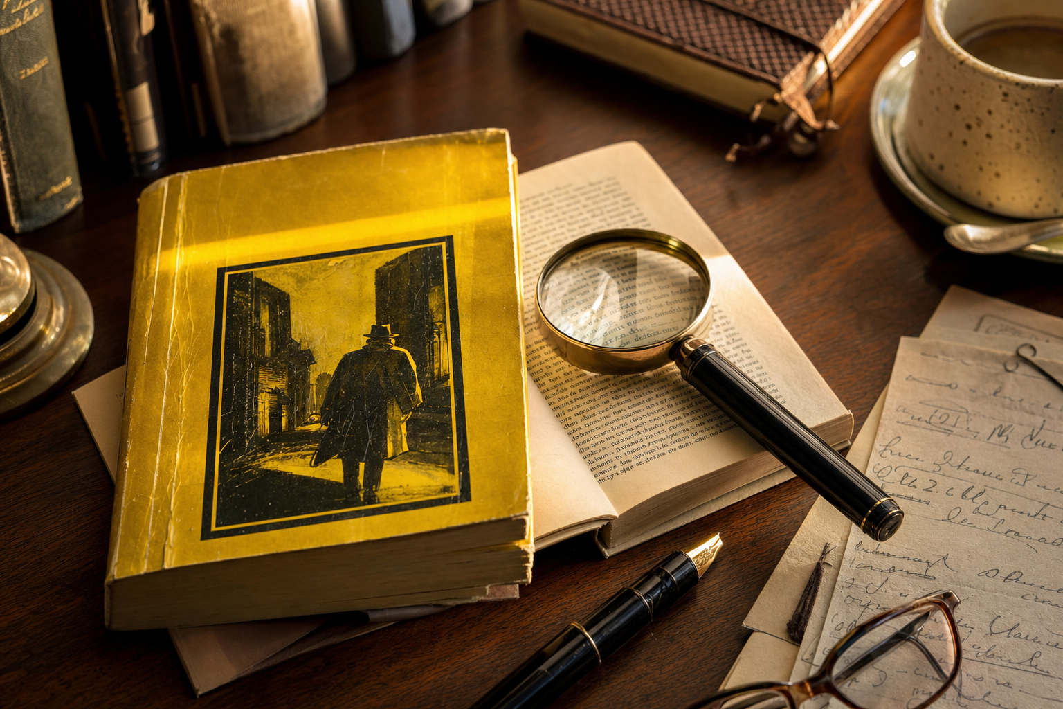 Een geopende detective-roman met een felgele omslag op een houten leestafel, met daarop een vergrootglas, een vulpen en losse notities in warm namiddaglicht.