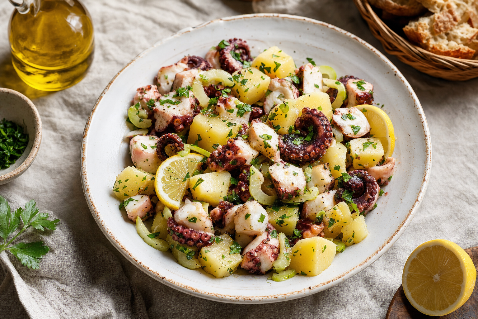 Witte schaal met stukjes octopus, aardappelblokjes, peterselie, bleekselderij en citroenpartjes, afgewerkt met olijfolie.