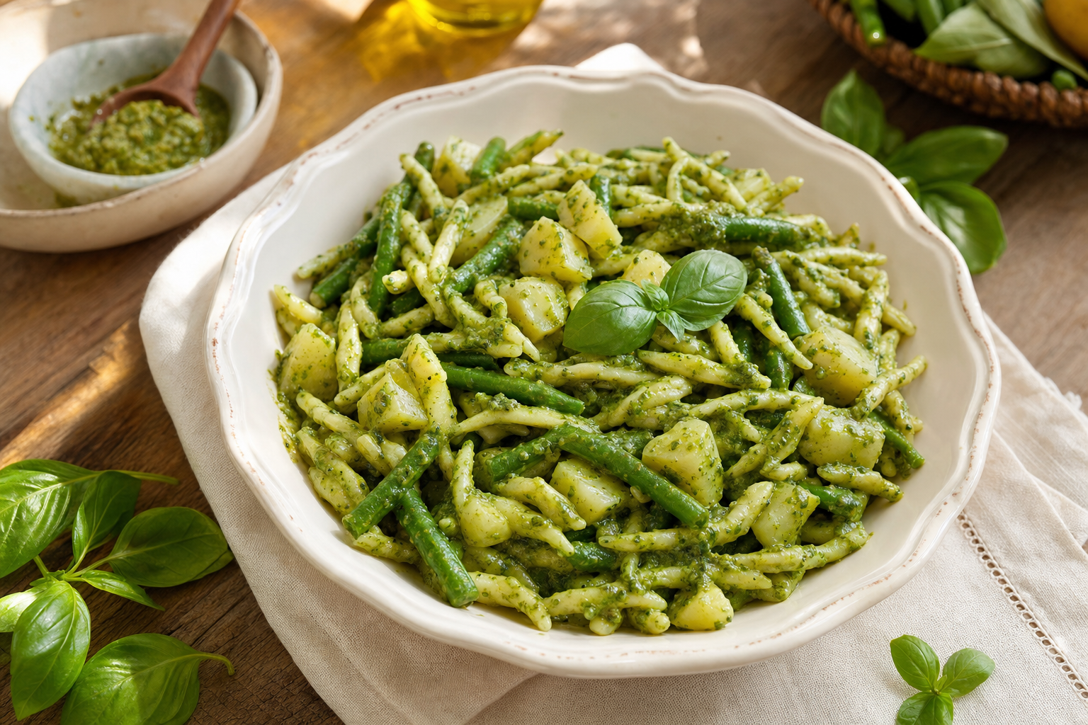 Een diep wit bord met gedraaide trofie, blokjes aardappel en stukken sperzieboon, glanzend omhuld met groene pesto en afgewerkt met enkele basilicumblaadjes.