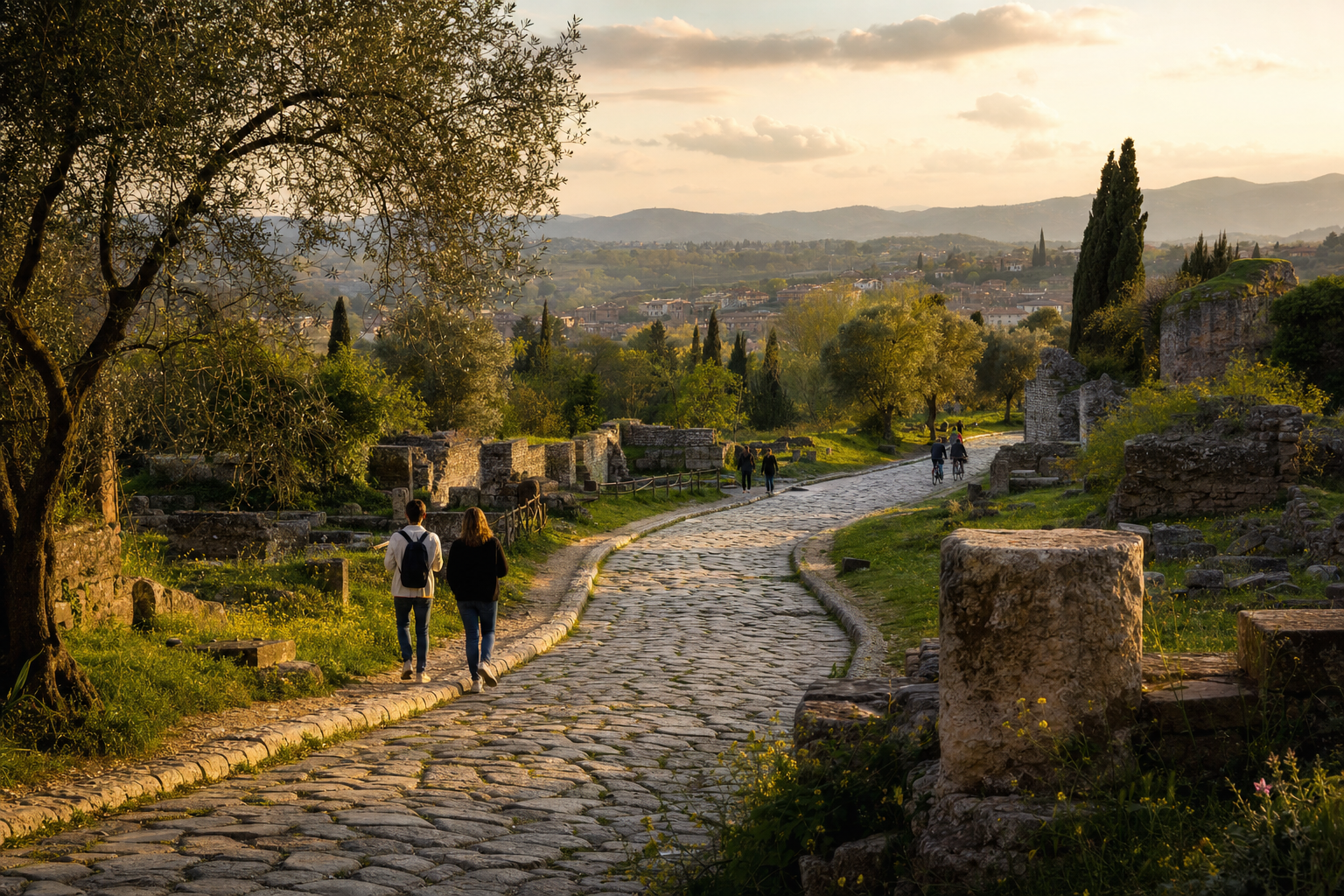 Een oude geplaveide weg loopt tussen olijfbomen en lage stenen resten door een groen Italiaans heuvellandschap, met een modern dorp in de verte.