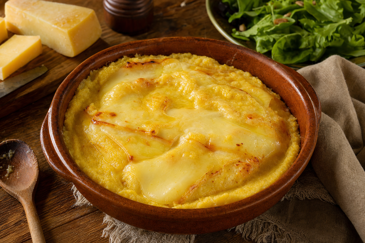 Een aardewerken ovenschaal met romige gele polenta, lagen gesmolten Fontina en glanzende goudbruine boter, gefotografeerd op een houten tafel.