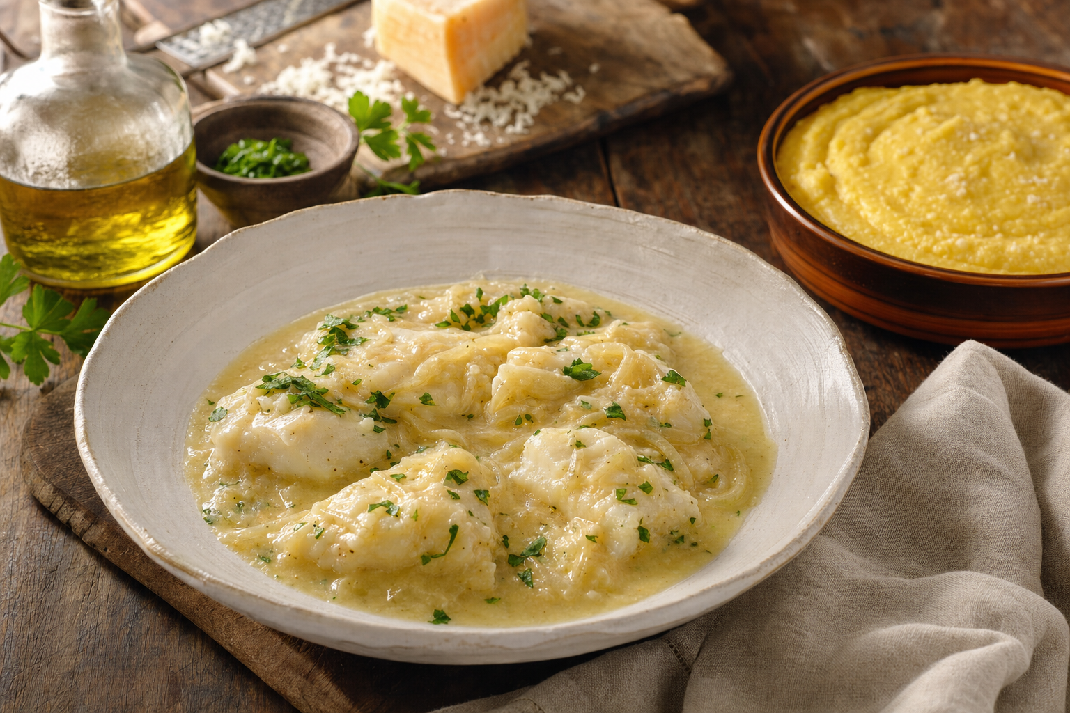 Stukken zachte stokvis in romige saus met ui en peterselie, geserveerd naast gele polenta op een wit keramieken bord.