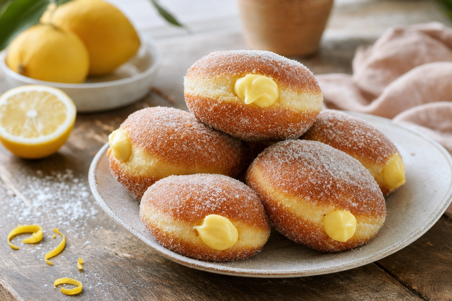 Vijf goudbruine bomboloni met suiker op een licht bord, waarvan twee zijn opengesneden zodat de romige vanillevulling zichtbaar is.